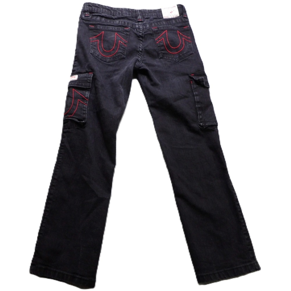 Y2K True Religion Ricky Cargo Jeans Boys 14 Black Red Stitching Relaxed Straight